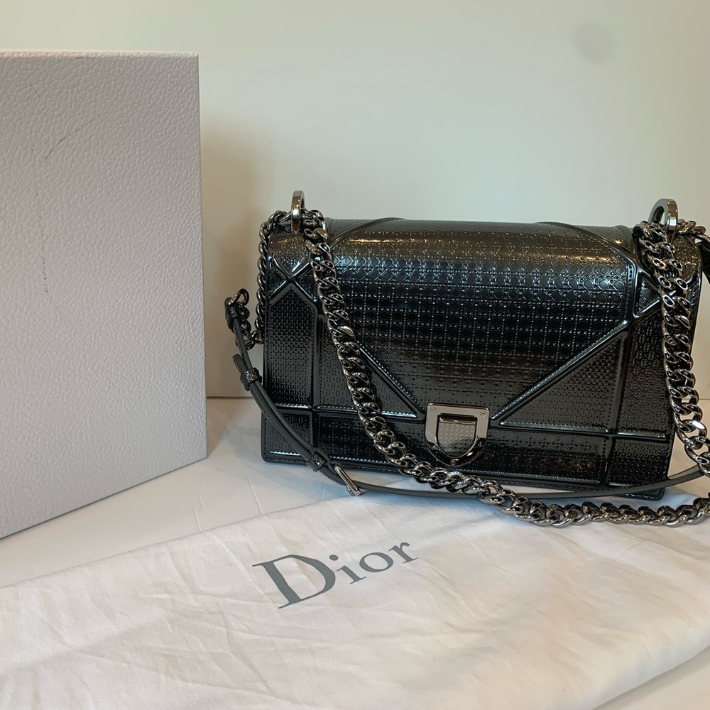 Authentic Christian Dior Metallic Patent Micro-Cannage Medium Diorama Flap Bag.